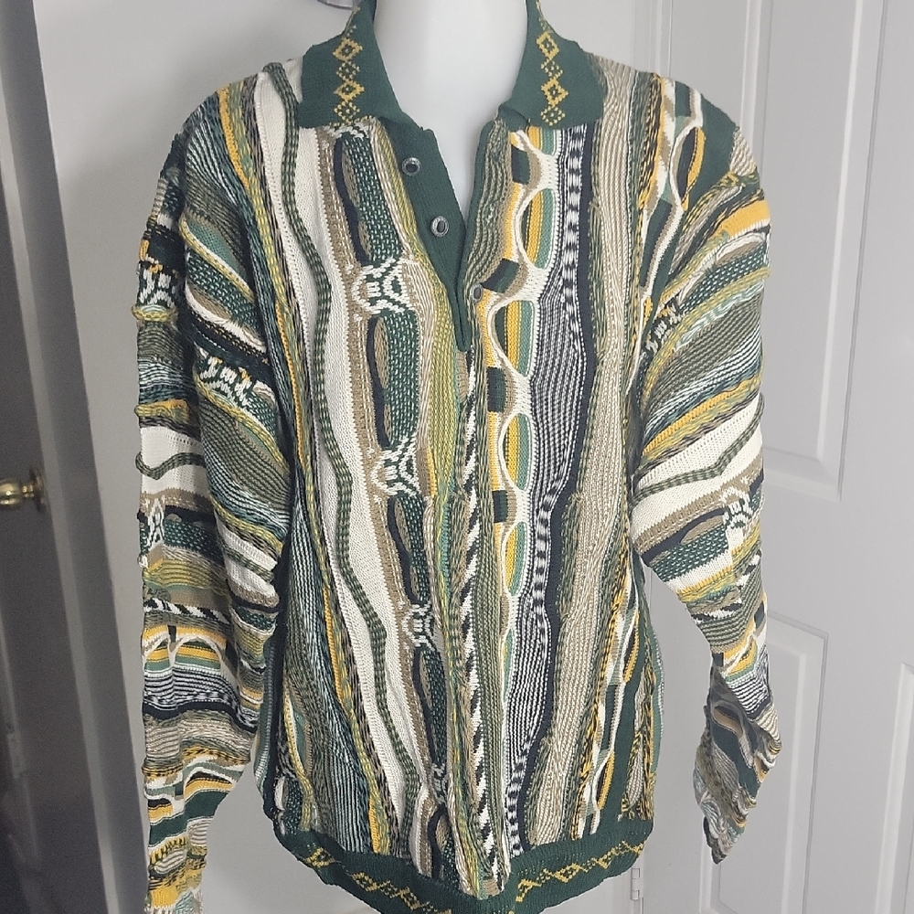 Baucci Vintage 90s Green/Yellow 3D Textured Sweater Biggie Cosby Sweater  L
